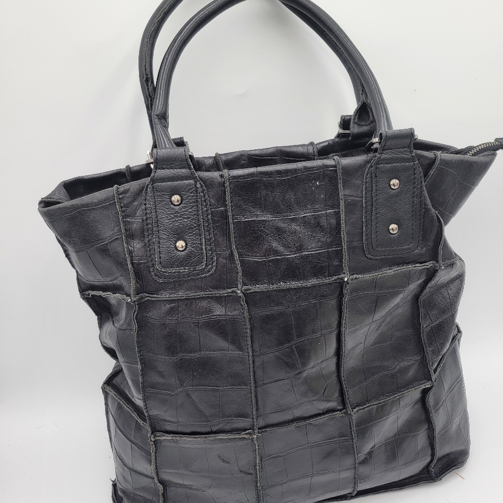 CHOCOLAT BLU Black Leather Croc-Embossed Patchwork Tote Bag - Picture 3 of 13
